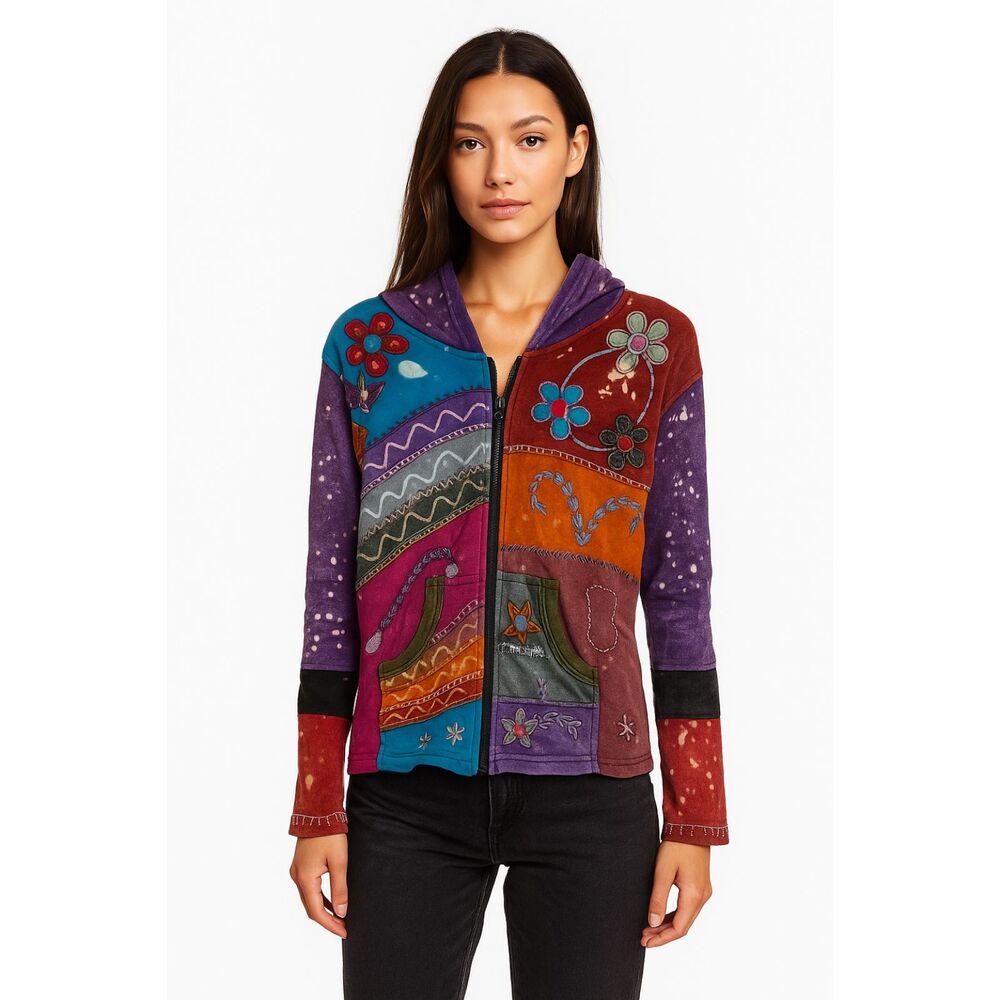 Boho Patch Work Long Sleeve Y2K 90s Full Zip Hoodie Top Women's Size Large